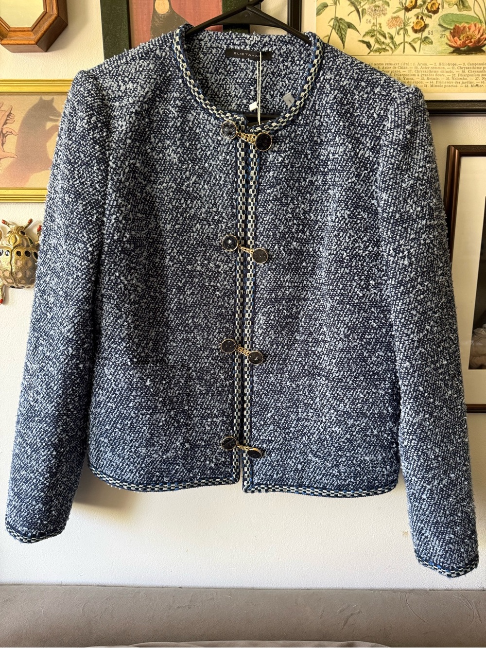 Elie Tahari Navy and White Tweed Chain-Trim Jacket Dionne Medium
